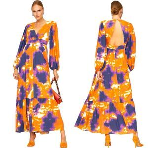 Toccin NY Womens A-Line Maxi Dress Orange Tie Dye Long Sleeve Lined Zip Ruffle 8